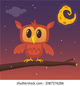 Vector illustration of owl at night sitting on the branch on the background with moon and stars