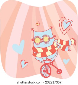 Vector illustration Owl on bicycle, use for cards, postcards, invitation