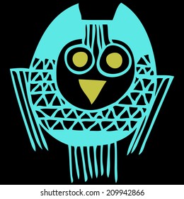 Vector illustration with owl on Black Background. Hand drawn 