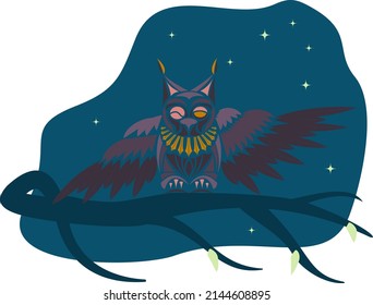 Vector illustration of owl on a branch at night