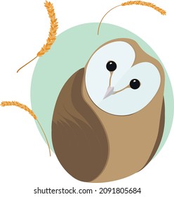  Vector Illustration of an owl on a green background and ears of wheat