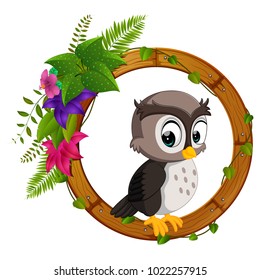 vector illustration of owl on round wood frame