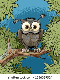 Vector illustration of an owl on a tree branch