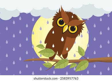 Vector illustration of owl. Owls perch on tree branches in the rainy season