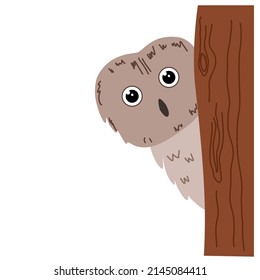 Vector illustration of an owl peeking out from behind a tree in a flat style