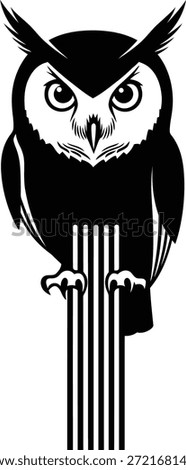 Vector illustration of an owl perched on vertical lines staring forward representing wisdom, education, night vision, and vigilance isolated on white background