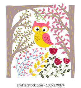 Vector illustration of an owl and plants. Beautiful bright print with plants.