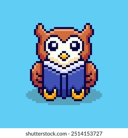 Vector Illustration of Owl reading a book with Pixel Art Design, perfect for game assets themed designs