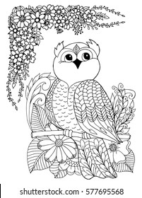 Vector illustration an owl sits tree branch surrounded by flowers. Work done by hand. Book Coloring anti-stress for adults and children. Black and white.