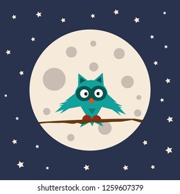 Vector illustration of an owl sitting on the branch on the background with moon and stars  at night.