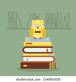 Vector illustration of a owl sitting on a stack of books. Design for postcards, flyers, invitations, poster print. 