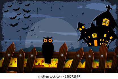 vector illustration of Owl sitting on fence in Halloween Night