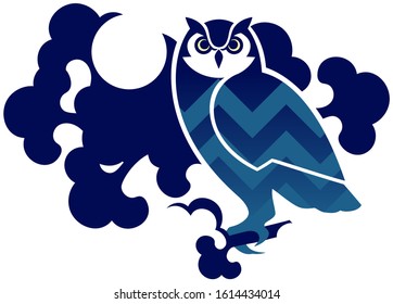 vector illustration of an owl sitting on a tree at night