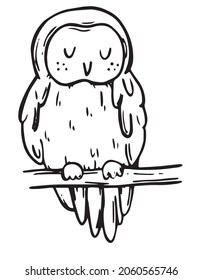 Vector illustration of an owl. The owl is sitting on a branch. cute hand drawing. doodle style. on white isolated background