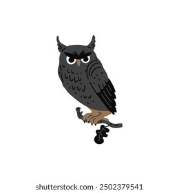 Vector illustration of an owl sitting on a branch. A traditional symbol used in Wicca and Halloween magical projects. Flat style on isolated white background.