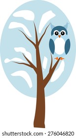 Vector illustration of owl sitting on winter tree