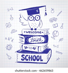 Vector illustration of owl sitting on books with Welcome Back to School lettering on checkered paper background.