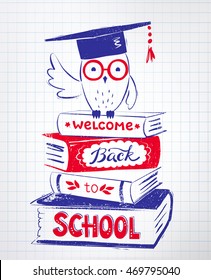 Vector illustration of owl sitting on books with Welcome Back to School lettering on checkered paper background.