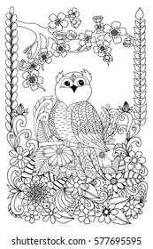 Vector illustration an owl sitting under a tree branch of sakura surrounded by flowers. Work done by hand. Book Coloring anti-stress for adults and children. Black and white.