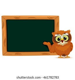 Vector Illustration of an Owl stands on Blank Blackboard