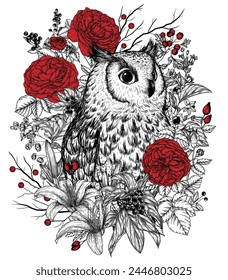 Vector illustration of an owl surrounded by wild berries and rose flowers in a style engraving