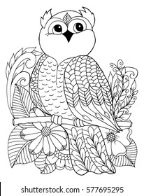 Vector illustration an owl surrounded by flowers sitting on a branch. Work done by hand. Book Coloring anti-stress for adults and children. Black and white.