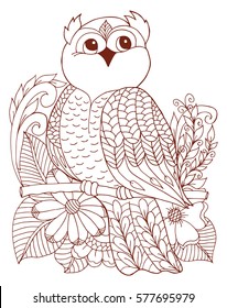 Vector illustration an owl surrounded by flowers sitting on a branch. Work done by hand. Book Coloring anti-stress for adults and children. Brown and white