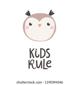 Vector illustration with owl and text Kids rule.