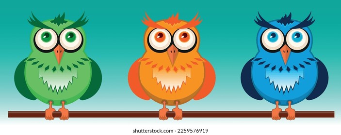 Vector illustration owl in three different colors.