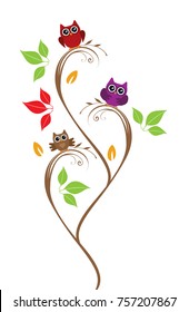 vector illustration of owl tree. nature cartoon background. fun birds on the branches cute design.