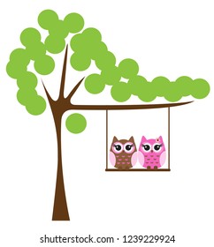 vector illustration of an owl tree. owls swinging in the tree. abstract nature background.