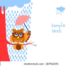 Vector illustration of owl under rain. Owl sitting on branch. Cartoon owl with umbrella. Autumn bare tree. Rain season.Page design. Invitation.