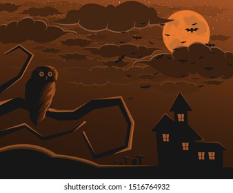 Vector Illustration A Owl Watching In Night Happy Halloween Vector Stock 