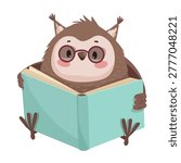 Vector illustration of an owl wearing glasses and reading a large blue book.