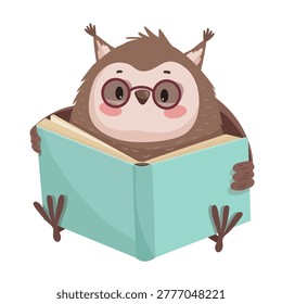 Vector illustration of an owl wearing glasses and reading a large blue book.