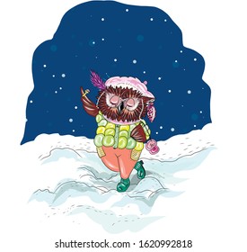 Vector illustration with owl in winter fashion clothes 