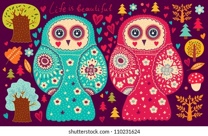 Vector illustration with owls