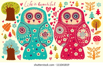 Vector illustration with owls