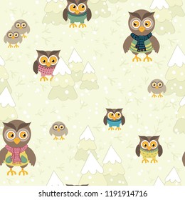 Vector illustration of Owls in the form of a seamless pattern. Perfect design for posters, cards, textile, web pages. Seamless christmas pattern. Christmas tree and snow background