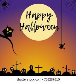 Vector illustration with owls, graves and pumpkins, spiders on background. Color halloween image. Icon with elements of holiday. Festive postcard to the day of All Saints. Holiday card Happy Halloween