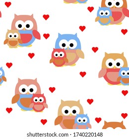 Vector illustration. Owls and hearth seamless pattern for wallpaper and more.