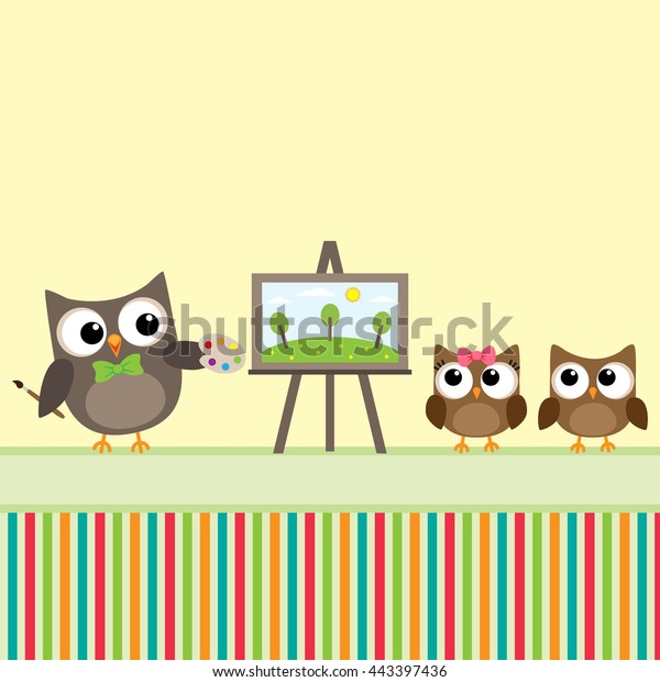 Vector illustration of owls learning to draw.\
Drawing lessons