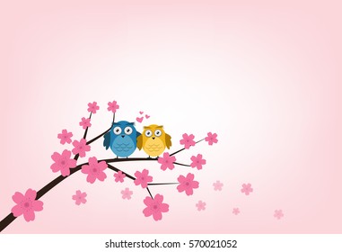 Vector illustration Owls lover on sakura cherry, branch with blooming flowers, Japan flowers on pink background.