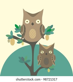 Vector illustration with owls on tree 