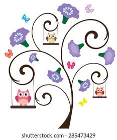 vector illustration of owls swinging in the floral tree