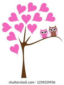 vector illustration of owls swinging in the tree. tree with pink hearts.