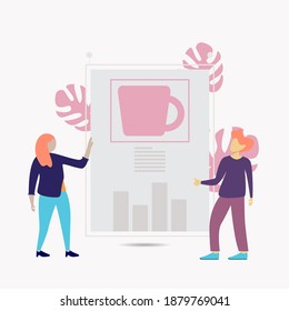 Vector illustration. Owner and employee are analyzing coffee sales, Data analysis concept. Teamwork of business analysts. modern flat people character.