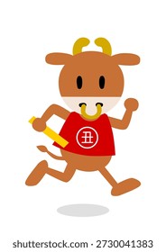 Ilustración vectorial de un buey corriendo con un bastón. Zodiac animal corriendo en carrera de relevos. Año del Buey. El carácter chino significa "buey".
