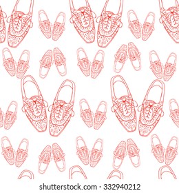 Vector Illustration of oxfords shoes, doodle hipster lace-Ups shoes seamless pattern, outline style.