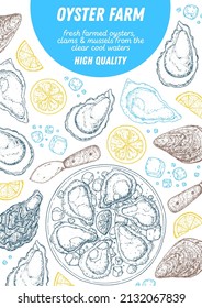 Vector illustration of oyster. Oyster farm and oyster restaurant design template.